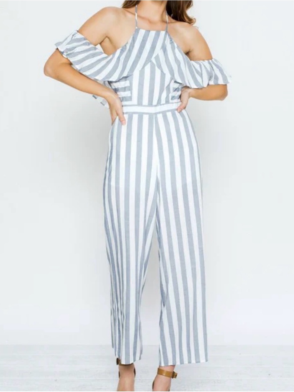 Striped Off-Shoulder Jumpsuit in Light Gray and White